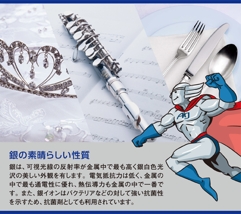 銀の素晴らしい性質 銀は、可視光線の反射率が金属中で最も高く銀白色光沢の美しい外観を有します。電気抵抗力は低く、金属の中でも最も通電性に優れ、熱伝導力も金属の中で一番です。
              また銀イオンはバクテリアなどの対して強い抗菌性を示すため、抗菌剤としても利用されています。